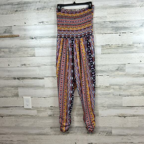 No Comment NY LA Strapless Jumpsuit Smocked Boho Ruche Ankle Size Women’s Large - Picture 4 of 8